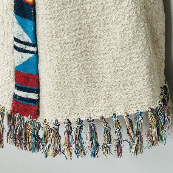Faherty Cardigan Sweater M/L Beige Native Designed Crow Stripes Fringe Tie - Picture 5 of 7